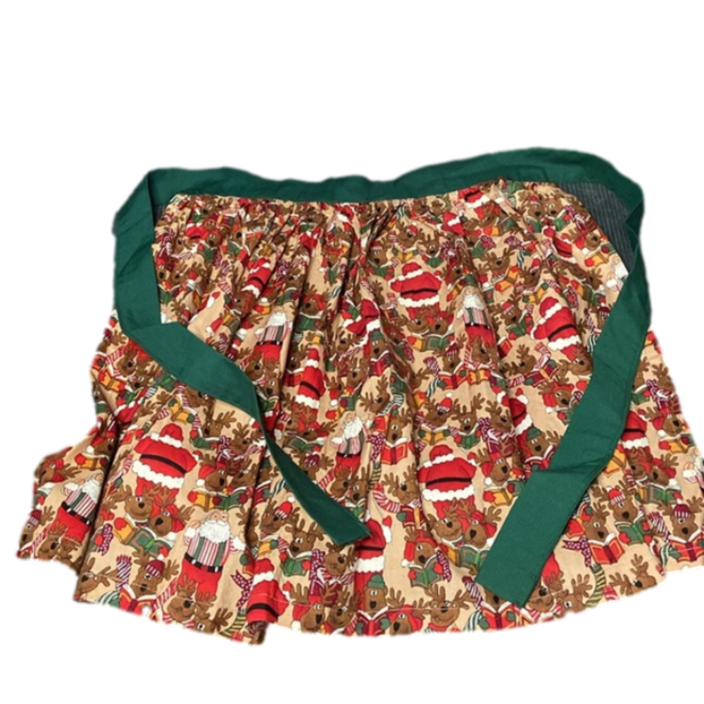 Vintage Handmade Christmas Apron Santa Reindeer Print Tie Back Red Green